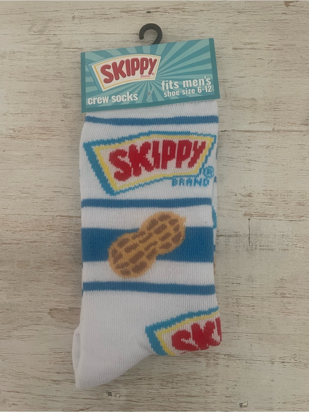 Men’s Crew Socks in White and Blue with Peanut Motif